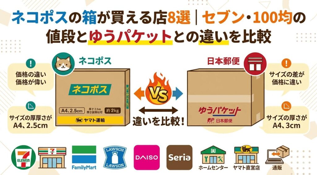 ネコポスの箱が買える店8選|セブン・100均の値段とゆうパケットの違い