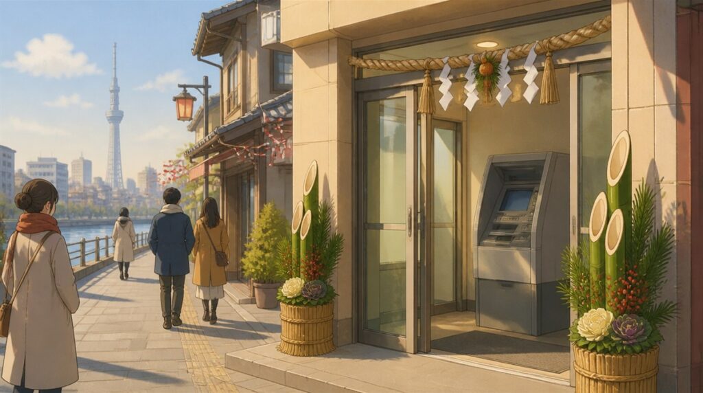川沿いの土手と遠くに電波塔が見える下町の商店街の正月の朝に門松としめ縄を飾ったATMコーナーのイラスト。足立成和信用金庫の年末年始2026-2027の営業日とATM手数料の記事