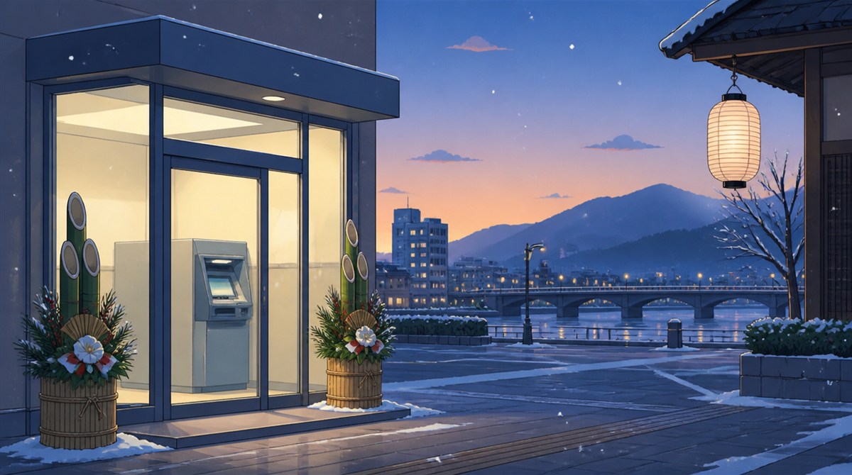 雪の舞う冬の夕暮れの街と橋を望む門松のあるガラス張りのATMコーナーのイラスト。阿波銀行の年末年始2026-2027の営業日とATM手数料の記事