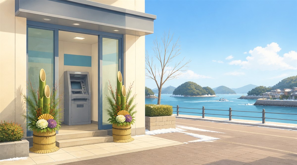 晴れた瀬戸内の港町と門松のあるATMコーナーのイラスト。中国銀行の年末年始2026-2027の営業日とATM手数料の記事