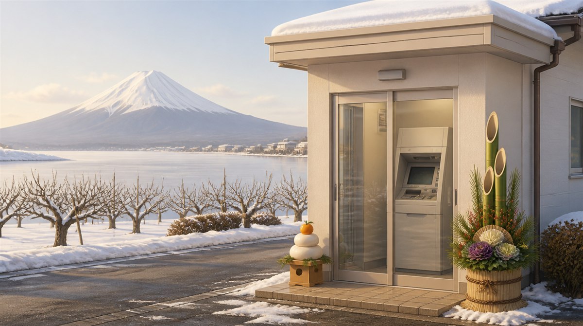凍った湖と雪をかぶった山なみが見える盆地の街の正月の朝に門松と鏡餅を飾ったATMコーナーのイラスト。大東銀行の年末年始2026-2027の営業日とATM手数料の記事