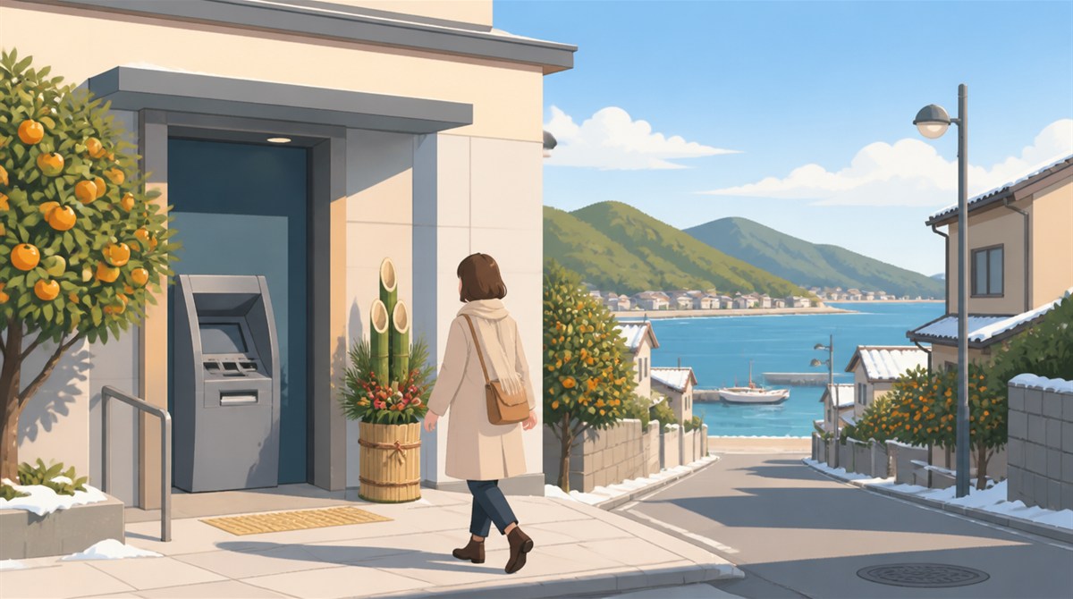 みかんの木と門松のある海辺の町のATMコーナーのイラスト。愛媛銀行(ひめぎん)の年末年始2026-2027の営業日とATM手数料の記事