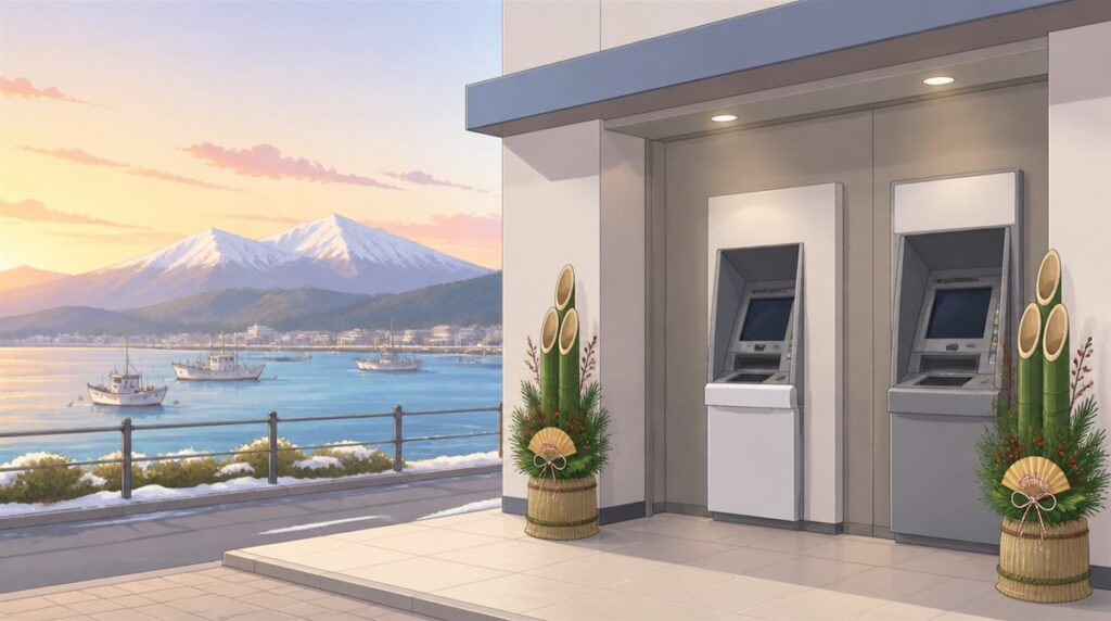 雪をかぶった連峰と漁船の浮かぶ穏やかな湾に朝日がさす正月の朝に門松を飾ったATMコーナーのイラスト。富山第一銀行(ファーストバンク)の年末年始2026-2027の営業日とATM手数料の記事