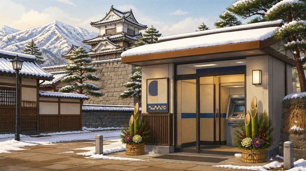 雪の積もる城下町の石垣と松の木が見える正月の朝に門松を飾ったATMコーナーのイラスト。福井信用金庫(ふくしん)の年末年始2026-2027の営業日とATM手数料の記事