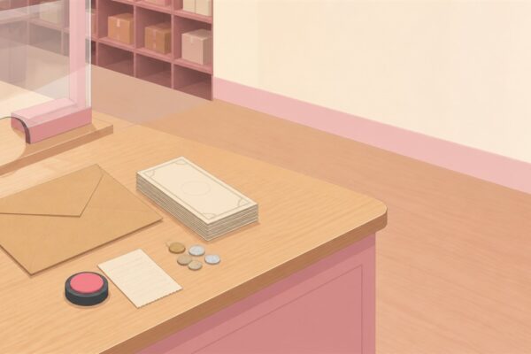 郵便局のカウンターに置かれた無地の茶封筒と紙幣・硬貨・受領証のイラスト（現金書留の送り方のイメージ）