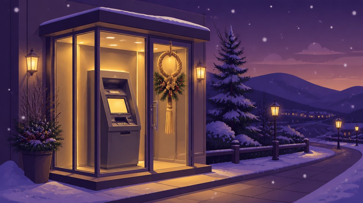 雪の街に立つ年末年始飾りのATMブースのイラスト。群馬銀行の年末年始2026-2027の営業日とATM手数料の記事