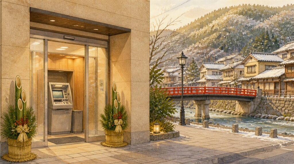 冬の山あいの川と赤い橋を望む門松のあるATMコーナーのイラスト。飯能信用金庫(はんしん)の年末年始2026-2027の営業日とATM手数料の記事