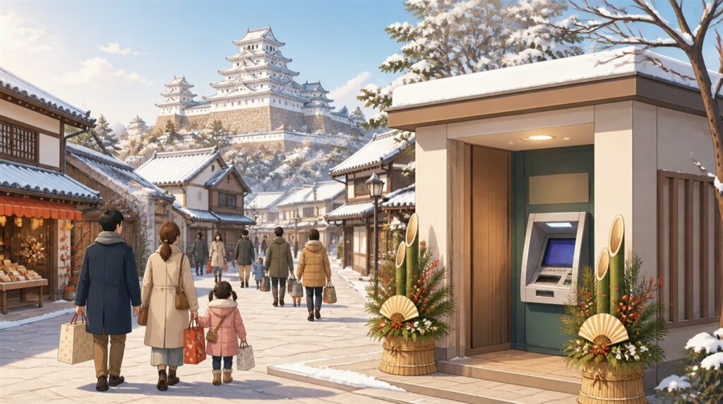 白い城を望む雪の城下町と門松のあるATMコーナーのイラスト。姫路信用金庫の年末年始2026-2027の営業日とATM手数料の記事