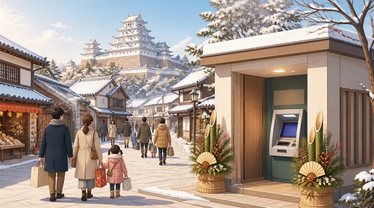 白い城を望む雪の城下町と門松のあるATMコーナーのイラスト。姫路信用金庫の年末年始2026-2027の営業日とATM手数料の記事