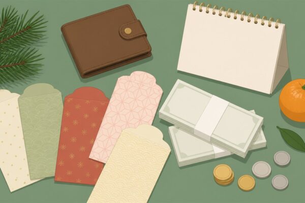 財布とポチ袋、カレンダーを並べた年末年始のお金の準備のイラスト。北海道銀行の年末年始2026-2027の営業日とATM手数料の記事