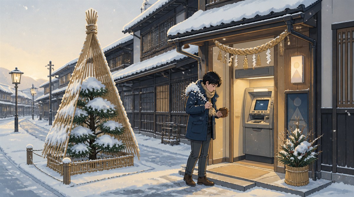 雪深い北国の町のATMコーナーとしめ縄のイラスト。北都銀行の年末年始2026-2027の営業日とATM手数料の記事