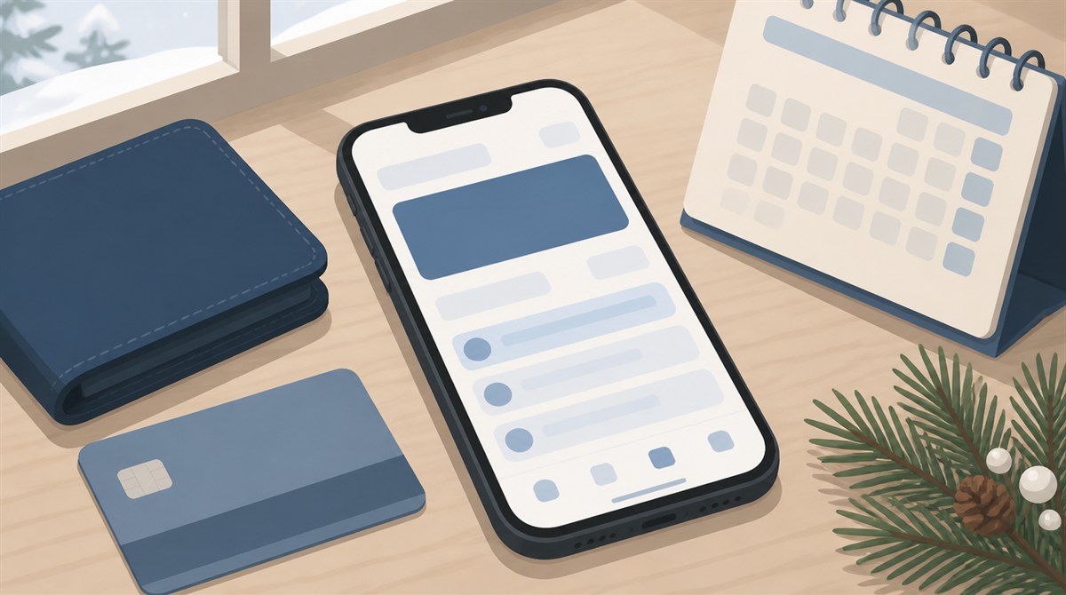 銀行アプリを開いたスマートフォンと財布、年末年始のカレンダーのイラスト。鹿児島銀行の年末年始2026-2027の営業日とATM手数料の記事