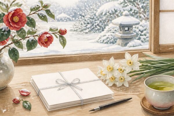 雪の庭を望む窓辺の机に置かれた白いはがきの束と椿・水仙・筆ペンのイラスト（寒中見舞いはいつまでに出すかのイメージ）