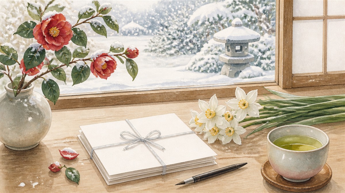 雪の庭を望む窓辺の机に置かれた白いはがきの束と椿・水仙・筆ペンのイラスト（寒中見舞いはいつまでに出すかのイメージ）