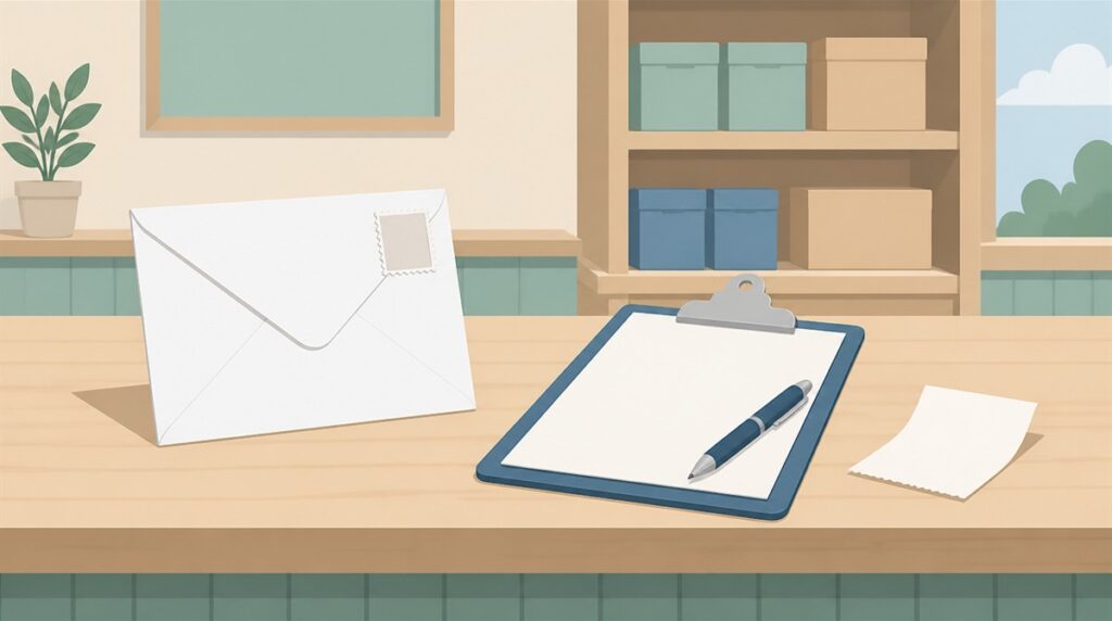 窓口のカウンターに置かれた封筒と差出票のクリップボード、受領証のイラスト（簡易書留の出し方のイメージ）