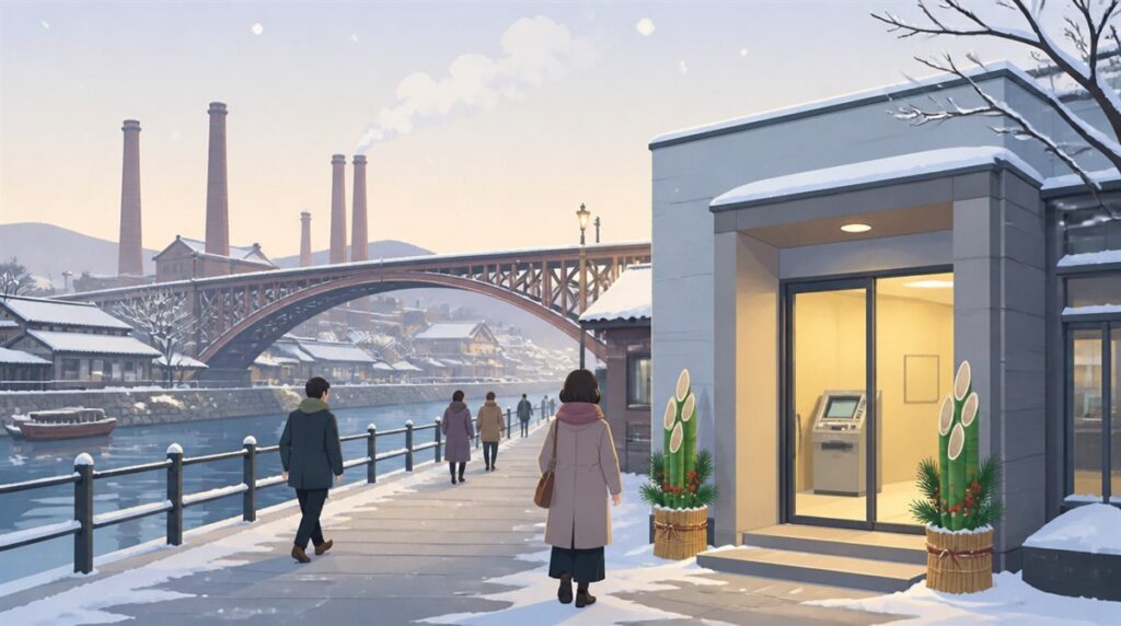 川と鉄橋・煙突のある冬の街並みと門松のあるATMコーナーのイラスト。川口信用金庫の年末年始2026-2027の営業日とATM手数料の記事