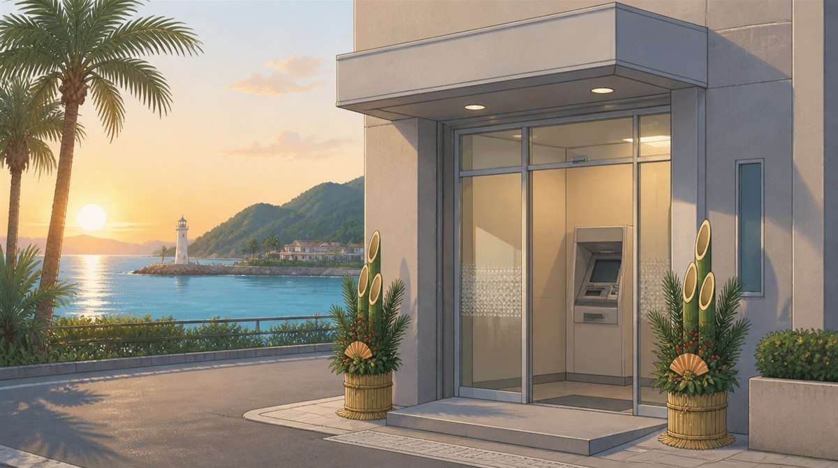 ヤシの木と白い灯台のある穏やかな湾に朝日がのぼる正月の朝に門松を飾ったATMコーナーのイラスト。高知信金(高知信用金庫)の年末年始2026-2027の営業日とATM手数料の記事