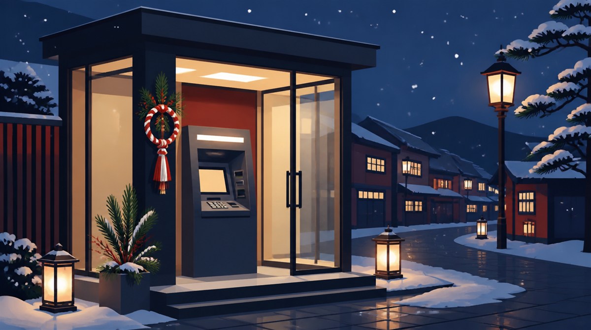 雪の街に立つ年末年始飾りのATMブースのイラスト。熊本信用金庫の年末年始2026-2027の営業日とATM手数料の記事