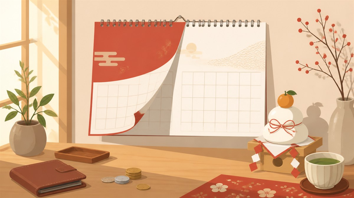 年末年始のカレンダーと財布、小銭を置いた机のイラスト。三菱UFJ銀行の年末年始2026-2027の営業日とATM手数料の記事