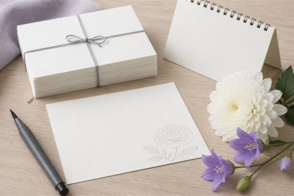 白いはがきの束と菊と桔梗の花・筆ペンのイラスト（喪中はがきをいつまでに出すかのイメージ）