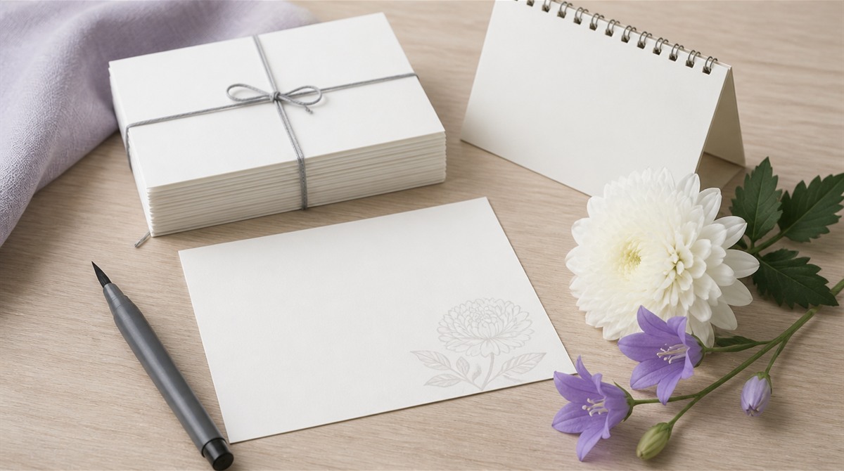白いはがきの束と菊と桔梗の花・筆ペンのイラスト（喪中はがきをいつまでに出すかのイメージ）