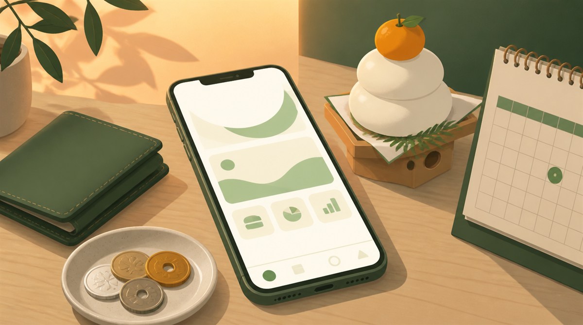 銀行アプリを開いたスマートフォンと財布、年末年始のカレンダーのイラスト。もみじ銀行の年末年始2026-2027の営業日とATM手数料の記事