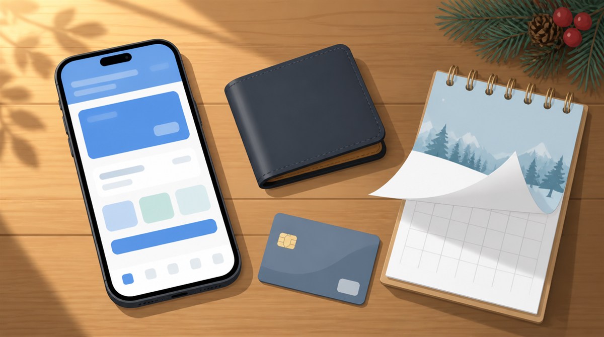 銀行アプリを開いたスマートフォンと財布、年末年始のカレンダーのイラスト。武蔵野銀行の年末年始2026-2027の営業日とATM手数料の記事