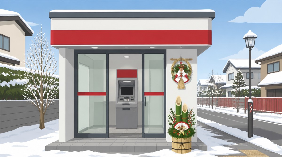 雪の街に立つ年末年始飾りのATMブースのイラスト。大垣共立銀行の年末年始2026-2027の営業日とATM手数料の記事