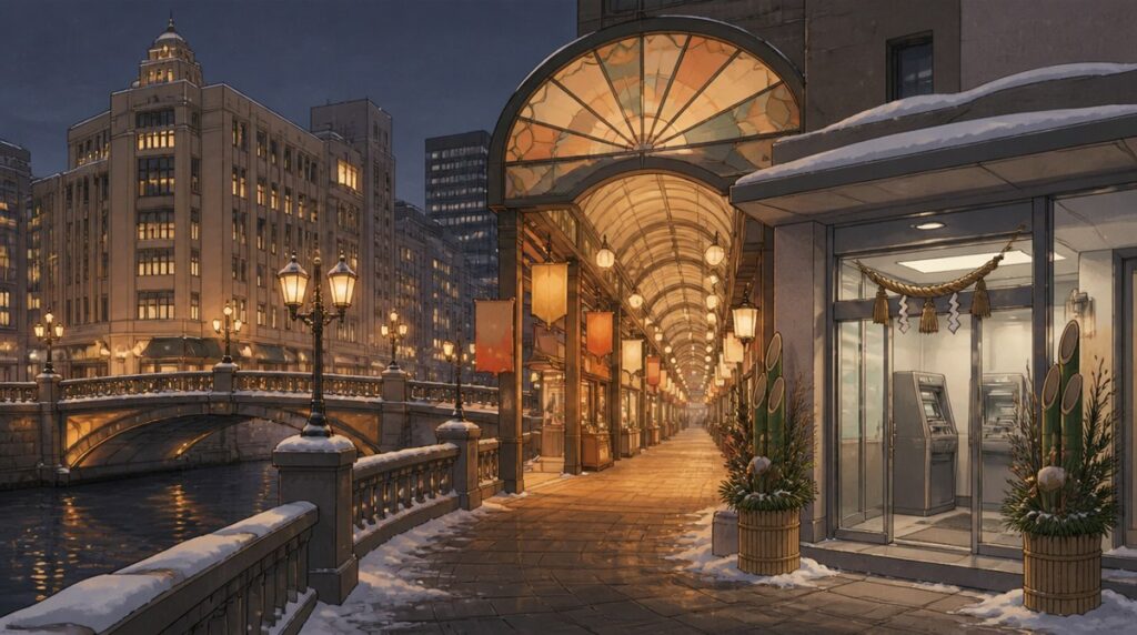 石造りのビルと橋が並ぶ冬の夕暮れの川沿いのアーケード街と門松のあるATMコーナーのイラスト。大阪シティ信用金庫の年末年始2026-2027の営業日とATM手数料の記事