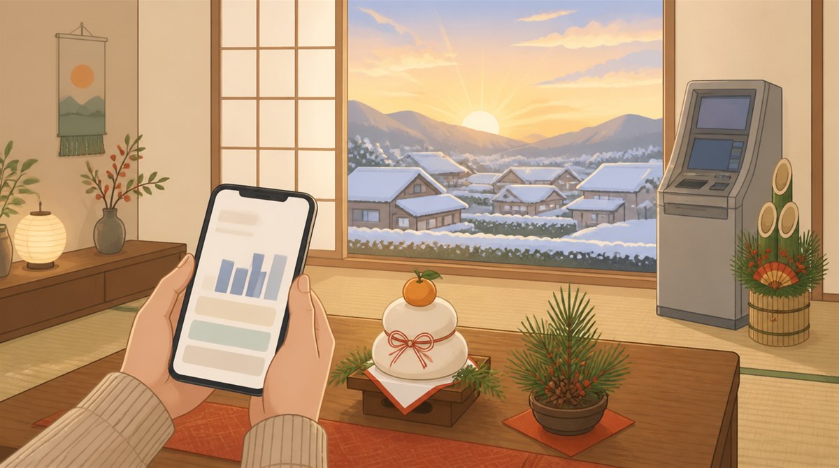 初日の出と雪景色の窓辺でスマートフォンの画面を見る手と鏡餅・門松を飾ったATMのイラスト。楽天銀行(旧イーバンク銀行)の年末年始2026-2027のATM営業日と手数料の記事