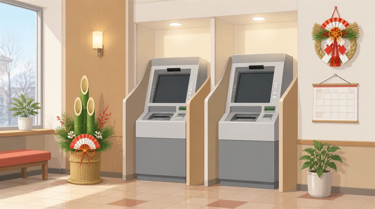 門松と正月飾りのある店内ATMコーナーのイラスト。埼玉縣信用金庫(さいしん)の年末年始2026-2027の営業日とATM手数料の記事