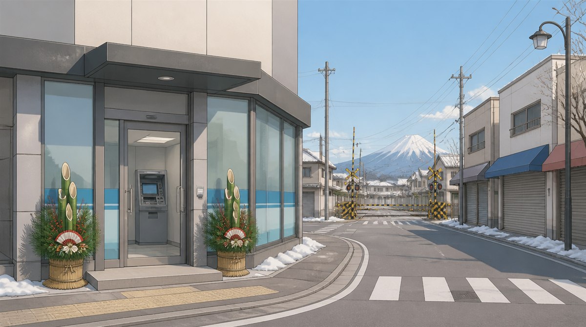 シャッターの閉まった商店街と踏切と遠くの雪山が見える晴れた正月の朝に門松を飾ったATMコーナーのイラスト。さわやか信用金庫(さわやか信金)の年末年始2026-2027の営業日とATM手数料の記事