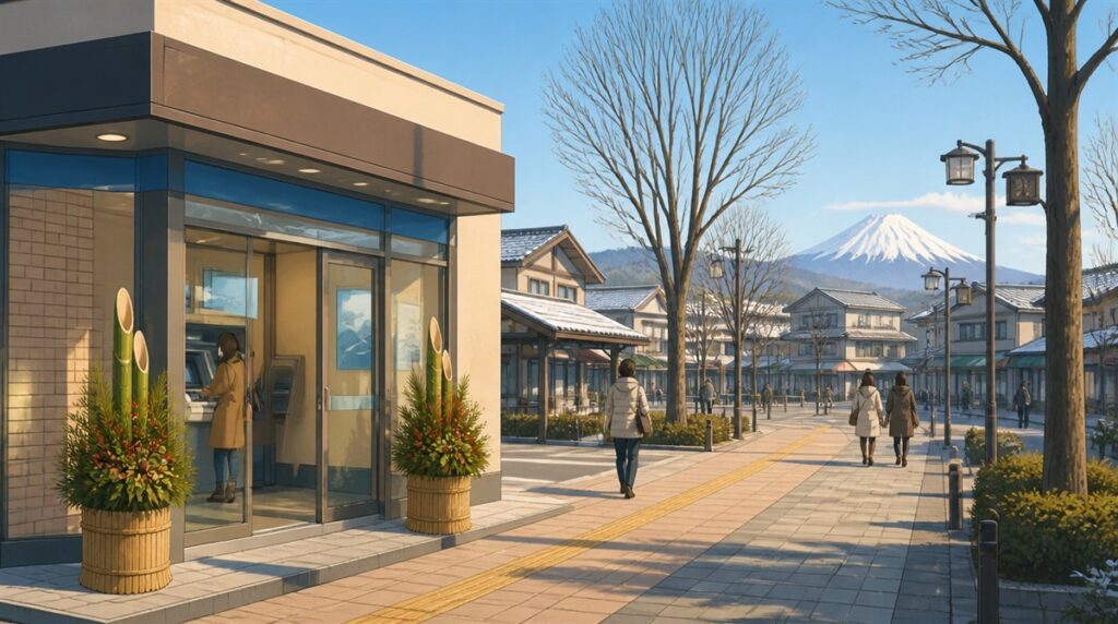 冬の駅前商店街と遠くに富士山を望む門松のあるATMコーナーのイラスト。西武信用金庫(西武信金)の年末年始2026-2027の営業日とATM手数料の記事