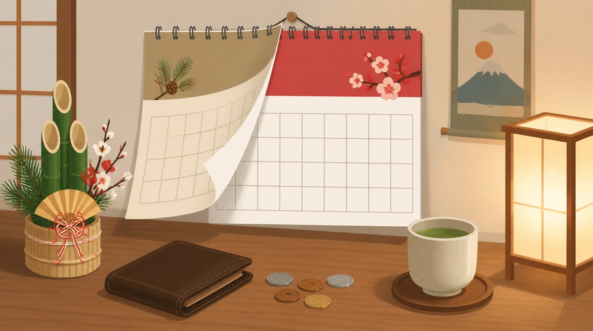 年末年始のカレンダーと財布、小銭を置いた机のイラスト。四国銀行の年末年始2026-2027の営業日とATM手数料の記事