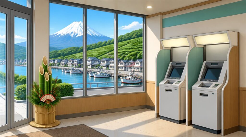 富士山と茶畑・港町を望む冬の朝の門松のあるATMコーナーのイラスト。しずおか焼津信用金庫(しずしん)の年末年始2026-2027の営業日とATM手数料の記事