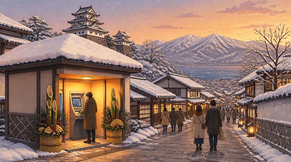 雪山と川を遠くに望む雪の城下町の商店街と門松のあるATMコーナーのイラスト。大光銀行の年末年始2026-2027の営業日とATM手数料の記事