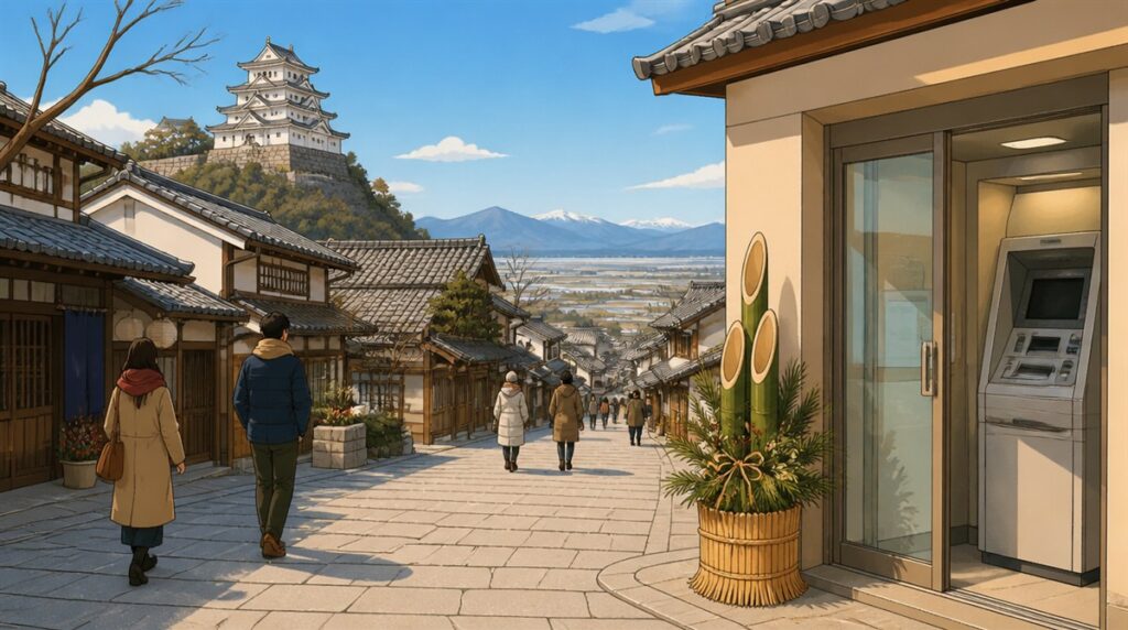 白い天守を遠くに望む冬の城下町の商店街と門松のあるATMコーナーのイラスト。但陽信用金庫(たんよう)の年末年始2026-2027の営業日とATM手数料の記事