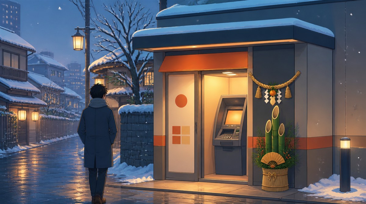 門松と正月飾りのある雪の街のATMブースのイラスト。東邦銀行の年末年始2026-2027の営業日とATM手数料の記事