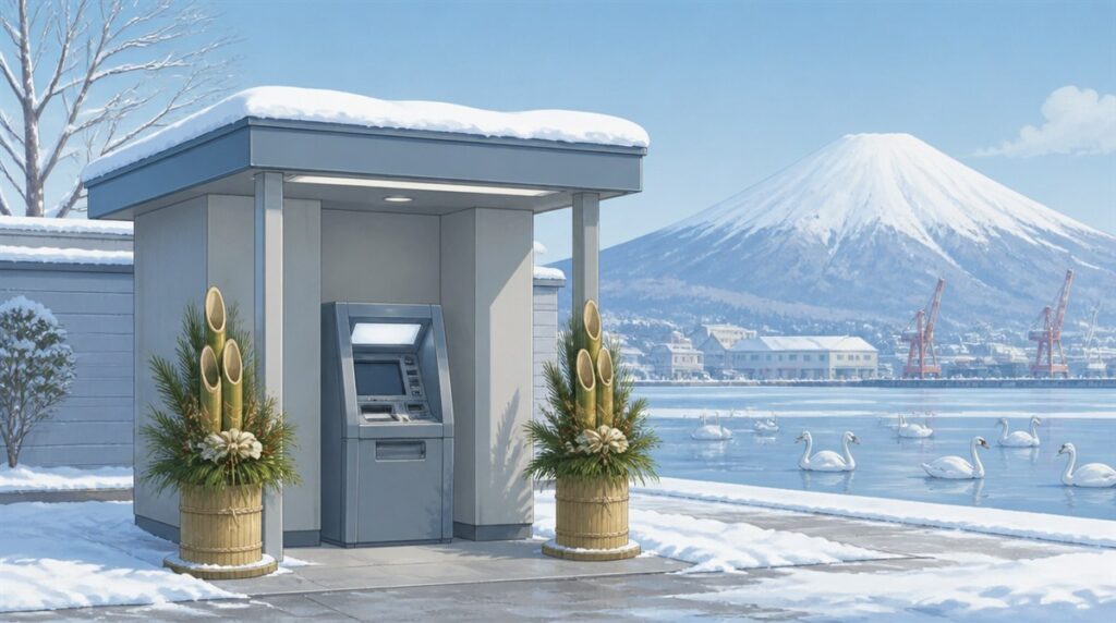 白鳥のいる凍った湖と港のクレーンと雪山が見える雪の正月の朝に門松を飾ったATMコーナーのイラスト。苫小牧信用金庫(とましん)の年末年始2026-2027の営業日とATM手数料の記事