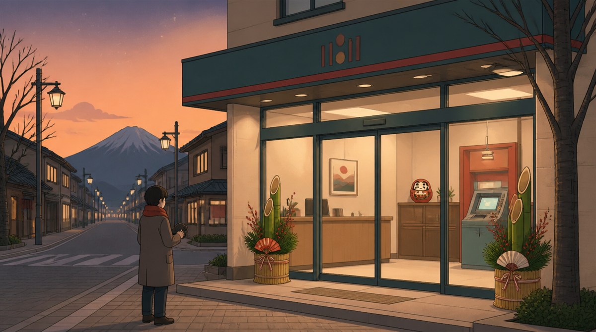 門松を飾った夕暮れの銀行店舗とATMコーナーのイラスト。東和銀行の年末年始2026-2027の営業日とATM手数料の記事