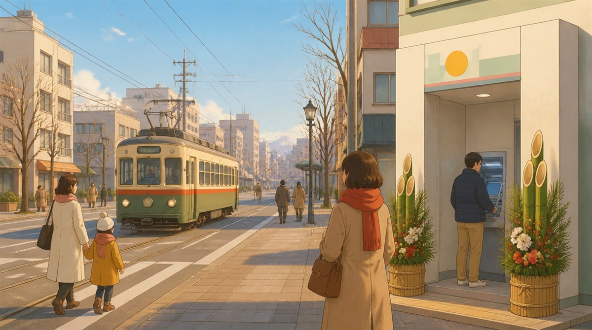 路面電車の走る正月の朝の街並みと門松のあるATMコーナーのイラスト。豊橋信用金庫の年末年始2026-2027の営業日とATM手数料の記事