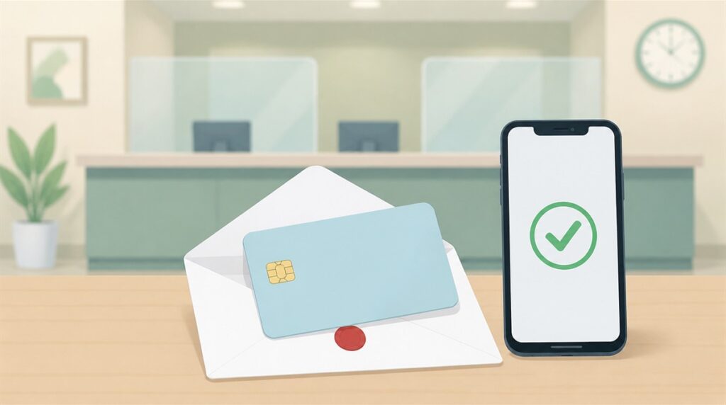 開封した白い封筒の上に置かれた無地のキャッシュカードと、チェックマークが表示されたスマートフォン、背景に銀行の窓口のイラスト（ゆうちょキャッシュカード再発行のイメージ）