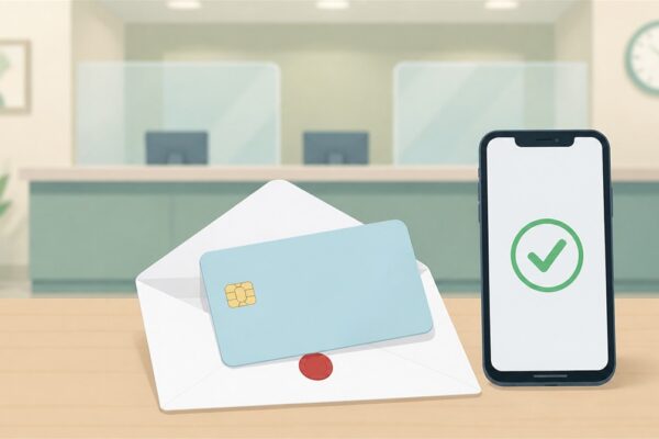 開封した白い封筒の上に置かれた無地のキャッシュカードと、チェックマークが表示されたスマートフォン、背景に銀行の窓口のイラスト（ゆうちょキャッシュカード再発行のイメージ）