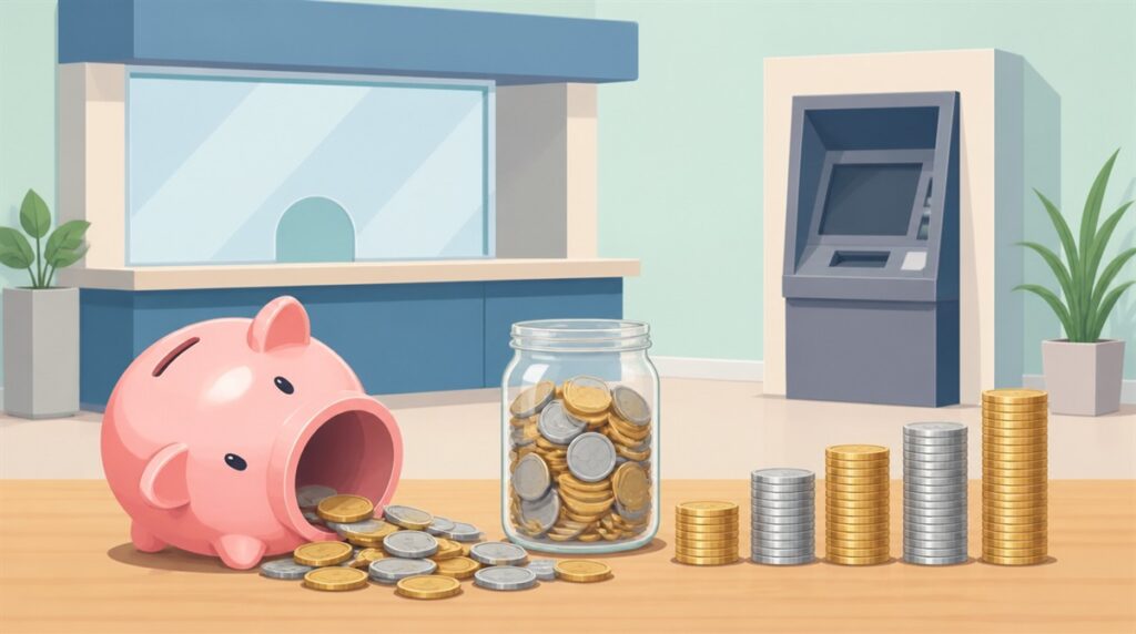 倒れた貯金箱からこぼれた硬貨と、硬貨の入った瓶・積まれた硬貨、背景に銀行の窓口とATMのイラスト（ゆうちょの硬貨手数料のイメージ）