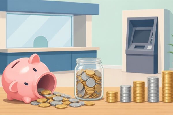 倒れた貯金箱からこぼれた硬貨と、硬貨の入った瓶・積まれた硬貨、背景に銀行の窓口とATMのイラスト（ゆうちょの硬貨手数料のイメージ）