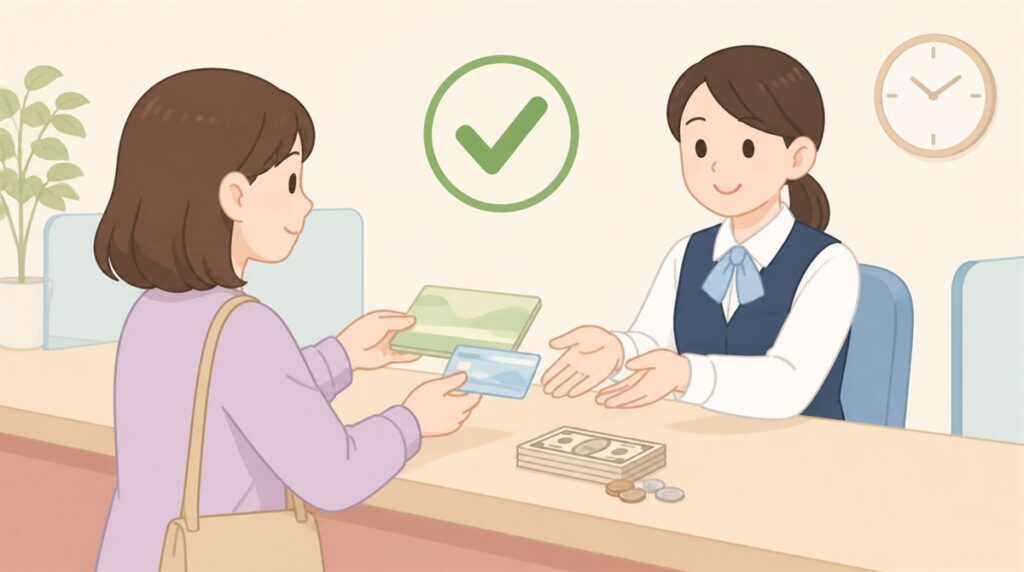 銀行の窓口で通帳とキャッシュカードを係員に手渡す女性、カウンターの上に紙幣と硬貨、上にチェックマークのイラスト（ゆうちょ口座の解約方法のイメージ）