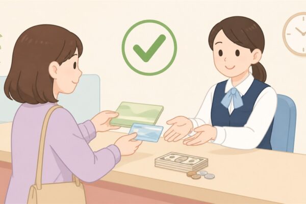 銀行の窓口で通帳とキャッシュカードを係員に手渡す女性、カウンターの上に紙幣と硬貨、上にチェックマークのイラスト（ゆうちょ口座の解約方法のイメージ）