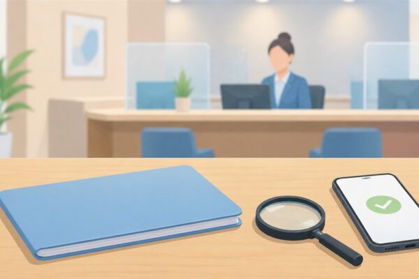 机の上に置かれた無地の通帳と虫眼鏡、チェックマークが表示されたスマートフォン、背景に銀行の窓口のイラスト（ゆうちょ通帳の再発行のイメージ）