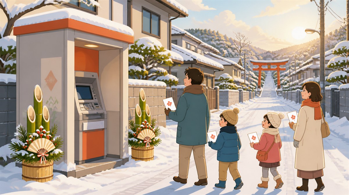 雪の朝の住宅街で年賀状を持って歩く家族と門松のあるATMブースのイラスト。ゆうちょ銀行(郵貯銀行)の年末年始2026-2027の営業日とATM手数料の記事