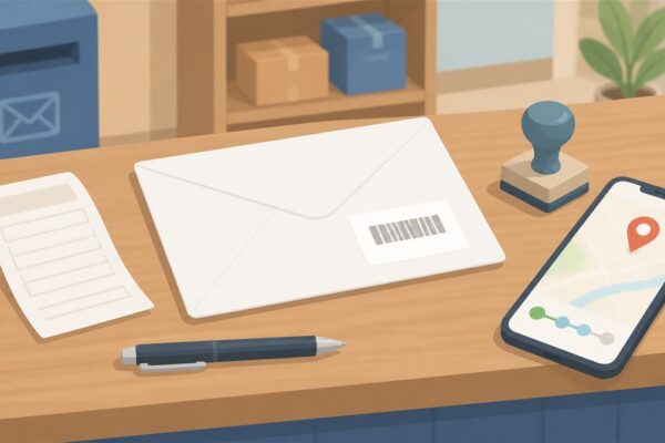郵便局の窓口のカウンターに置かれた封筒と受領証、ペン、スタンプ、追跡画面のスマホのイラスト（特定記録郵便の出し方のイメージ）